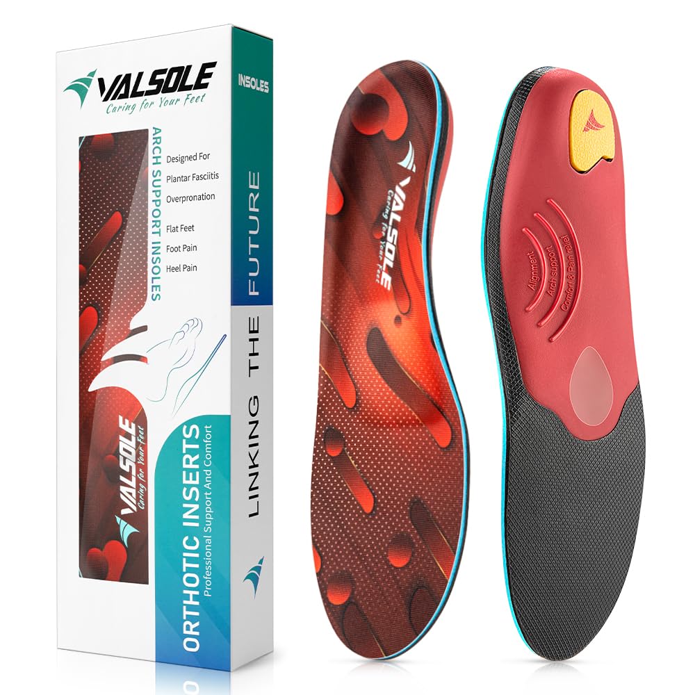 VALSOLE Heavy Duty Support Pain Relief Orthotics - 220+ lbs Plantar Fasciitis High Arch Support Insoles for Men Women,Flat Feet Orthotic Insert,Work Boot Shoe Insole,Absorb Shock with Every Step(Red)