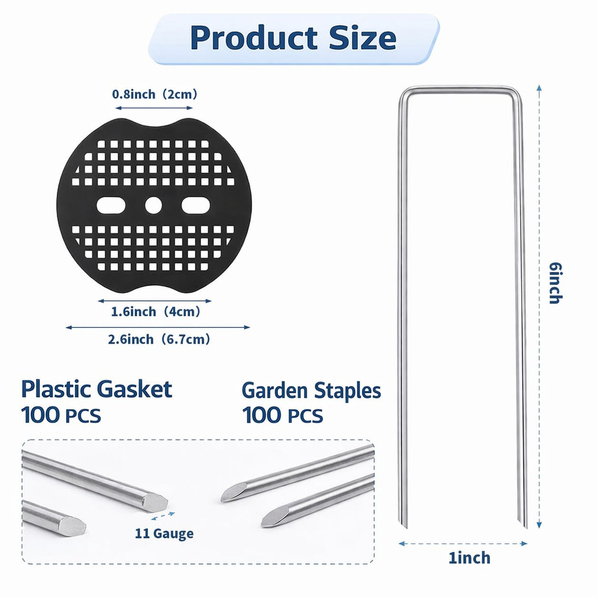 Garden Stakes,6 Inch 11 Gauge 100pcs Galvanized Landscape Staples + 100pcs Gaskets + 1Pick Hook, U-Shaped Heavy Duty Ground Stakes for Weed Barrier Fabric, Turf, Sod, Ground Cover
