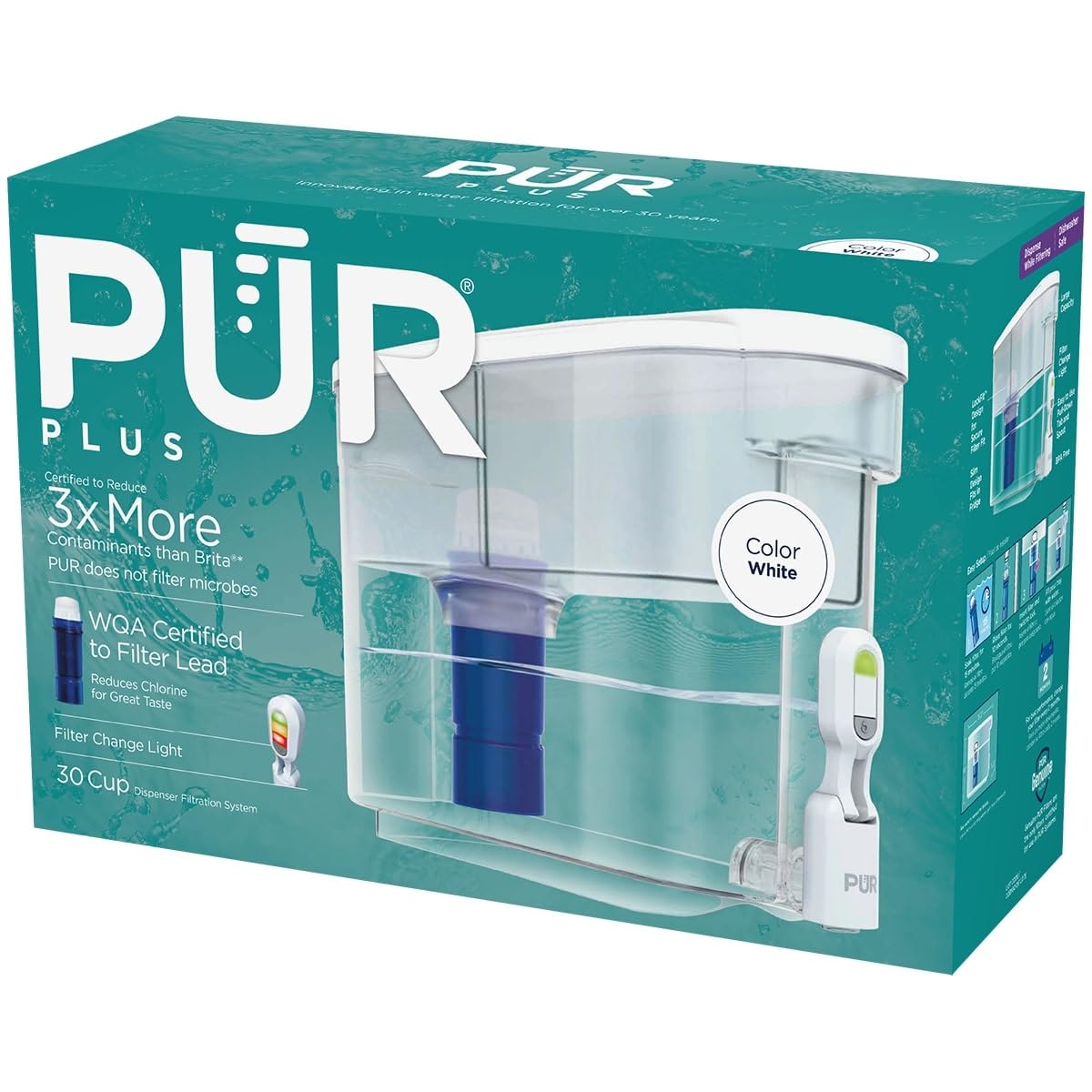 PUR PLUS 30-Cup Water Filter Dispenser with 1 Lead-Reducing PUR PLUS Filter, Dishwasher Safe, Powerful Filtration, Large Capacity with Slim, Space-Saving Design, White (DS1811Z)