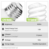 Barfelty E26 CFL Light Bulbs 13Watt, T2 Spiral Soft White 2700K 900lm E26 Medium Base Compact Fluorescent Light Bulbs, UL Approved, 120v 60Hz, Self Ballasted CFL Bulbs (60Watt Equivalent), Pack of 4