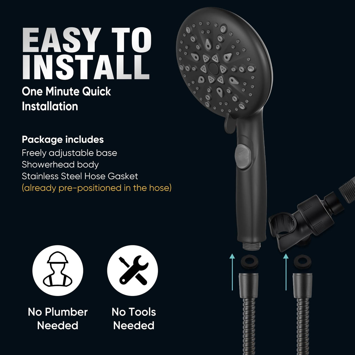 Cobbe 9-Function Shower Head with Built-in Power Spray, 1.8 GPM Water Saving ON/OFF Toggle Switch, High Pressure Handheld Showerhead with 1-Click Pause Button, Brass Bracket & 6ft Hose, Black