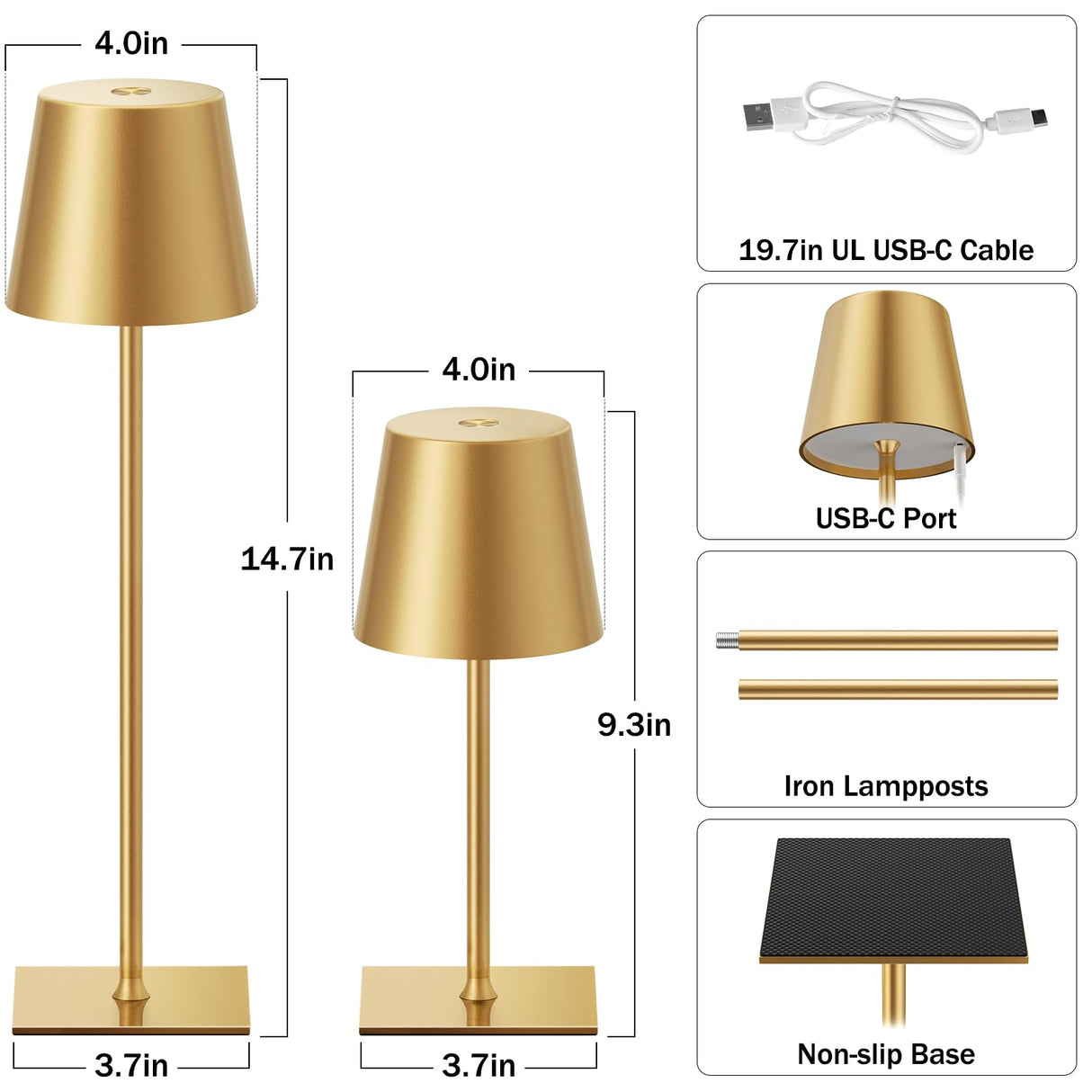 Gold Cordless Rechargeable Table Lamp, 2 Pack Portable Desk Lamp with 5000mAh Battery, Touch Control Stepless Dimming, Wireless Night Light for Dining, Outdoor Camping, Coffee Shop, Waterproof Design