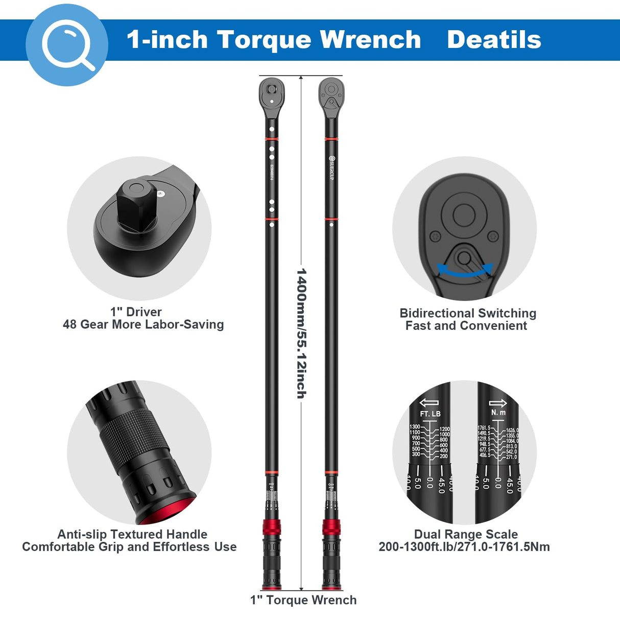 SUERCUP 1/2-Inch Drive Click Torque Wrench - 30-250 Ft.Lb/40.7-339Nm, Dual-Direction Adjustable 72 Tooth Torque Wrench for Product Assembly and Car Repair