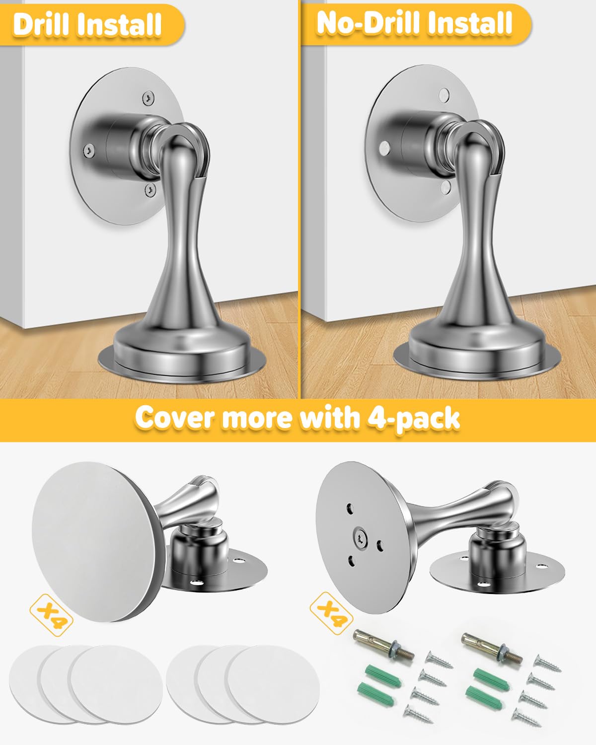 Magnetic Door Stop Holder 4 Pack - Door Stoppers Stainless Steel Heavy Duty Stops for Bottom of Door - Wall Floor Mounting No Drill Strong Adhesive & Screws Magnet Catch Keep Door Open