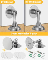 Magnetic Door Stop Holder 4 Pack - Door Stoppers Stainless Steel Heavy Duty Stops for Bottom of Door - Wall Floor Mounting No Drill Strong Adhesive & Screws Magnet Catch Keep Door Open