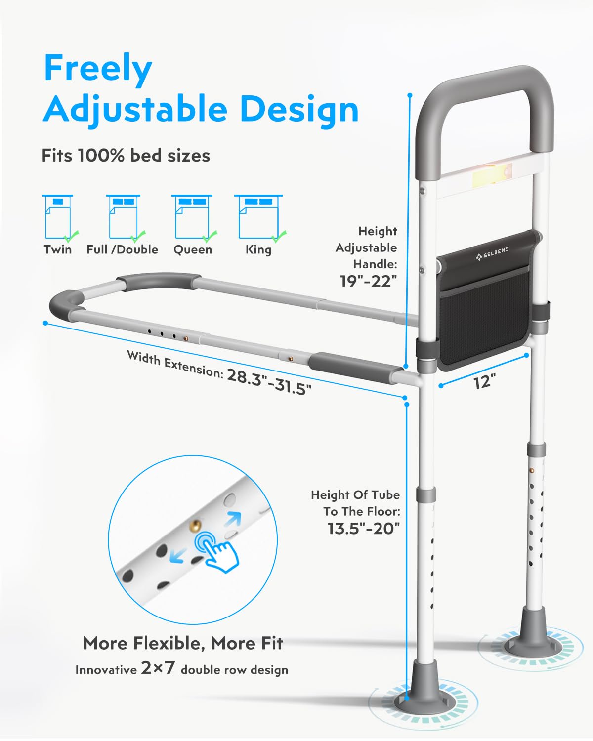 Bed Rails Elderly Adults Safety: Side Assist Grab Bar Handrails for Seniors with Motion Sensor LED Light Pouch - Adjustable Bed Cane Portable Handle Bedside Railing - Fits Twin Full Queen King Grey