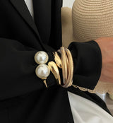 Chunky Gold Bangle Bracelets for Women, Dainty 14k Gold Plated Big Pearl Bangles Set, Trendy Statement Cuff Bracelet Stack Fashion Jewelry Gifts Summer Vacation Outfits