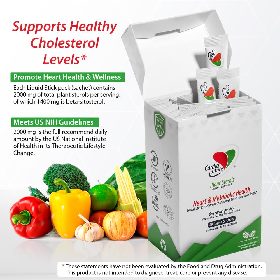 Cardiosmile 2000mg Plant Sterols Supports Healthy Cholesterol Levels with 1400mg beta-Sitosterol for Heart & Metabolic Health Support, 30 Day Supply in Single Use Liquid Packets