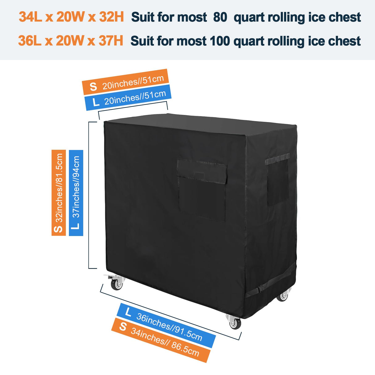 Cooler Cart Cover Black, Luxiv Waterproof Rolling Cooler Cover 34L x 20W x 32H inches 80 Quart Rolling Ice Chest Sleeve for Anti Rain, Sunlight, Dust (34L x 20W x 32H)