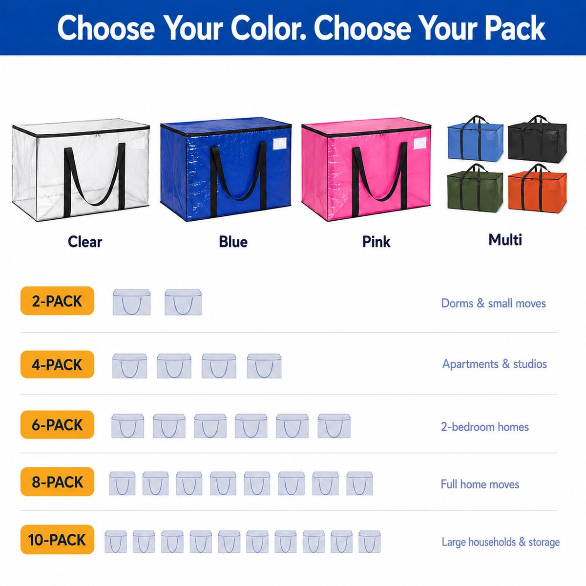 ClearSpace Heavy Duty Moving Bags - Water Resistant Storage Bags with Backpack Straps, Zippers and Handles - Large Moving Boxes for College Dorm, Travel, Closet Organization - 6 Pack, Clear