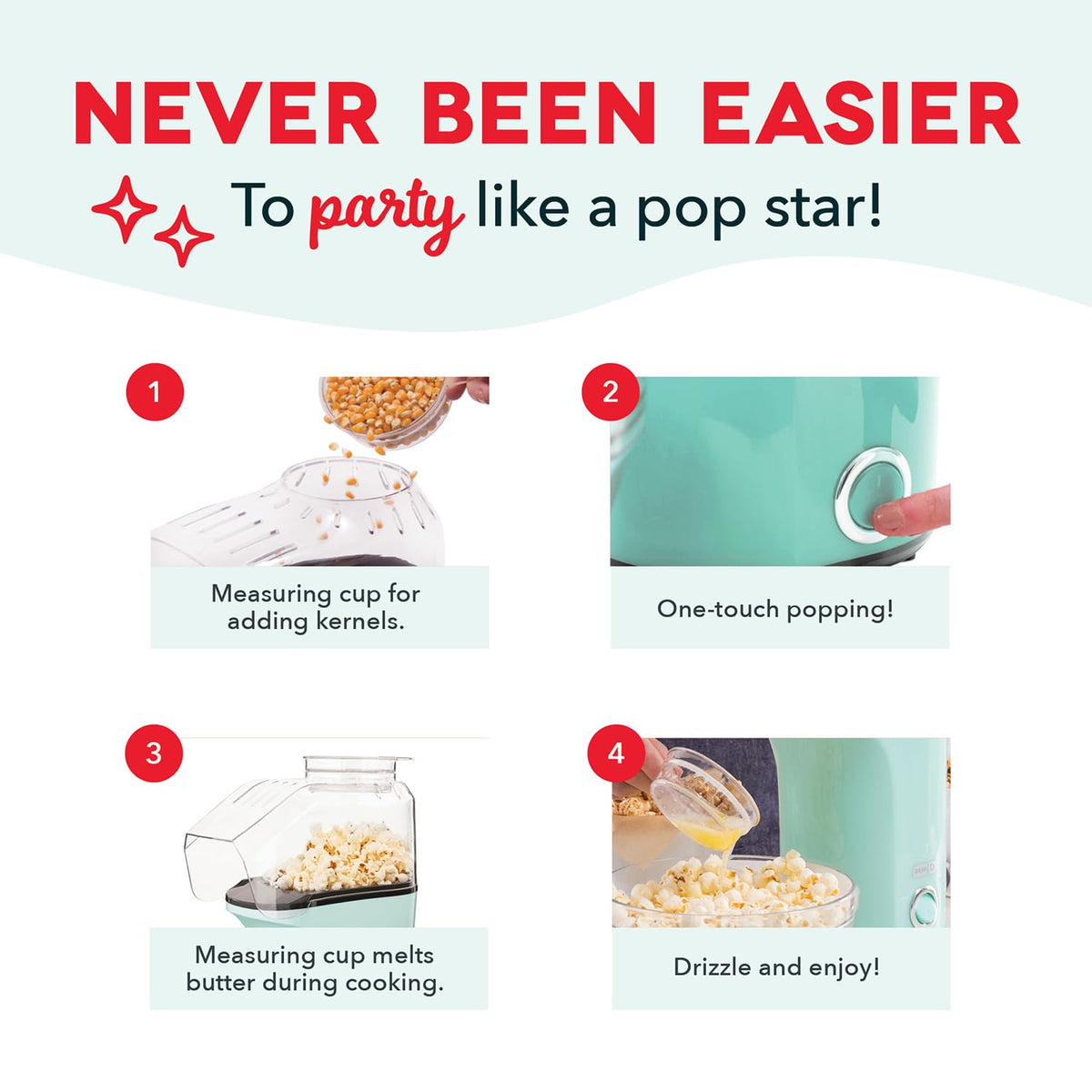 Dash Fresh Pop Popcorn Maker, Electric Hot Air Popper, 16-Cup, Aqua