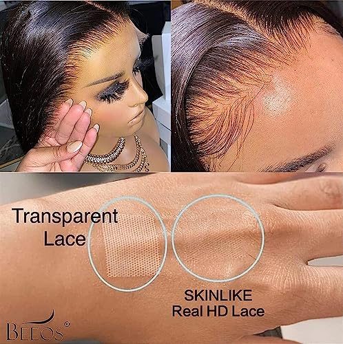 BEEOS SKINLIKE 5x5 Real HD Lace Closure Only, Body Wave Pre-Plucked Bleached Knots Invisible Film Lace Natural Black Unprocessed Human Hair Closure 14 Inch