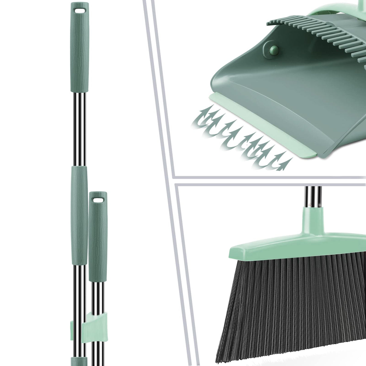 Broom and Dustpan Set for Home, Dust pan with Long Handle, Broom with Dustpan Combo Set, for Home Kitchen Room Office Lobby Floor Use Upright Stand Up Sweeping (Gray&Green)
