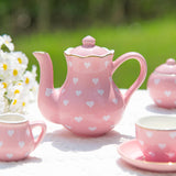 TUZT Porcelain Tea Party Set for Little Girls, Kids, Toddlers - 13Pcs Pink Heart Ceramic Set with Pot, Cups, Saucers & Carrying Case - Pretend Play Kitchen Toys - Christmas Birthday Gift for Girls