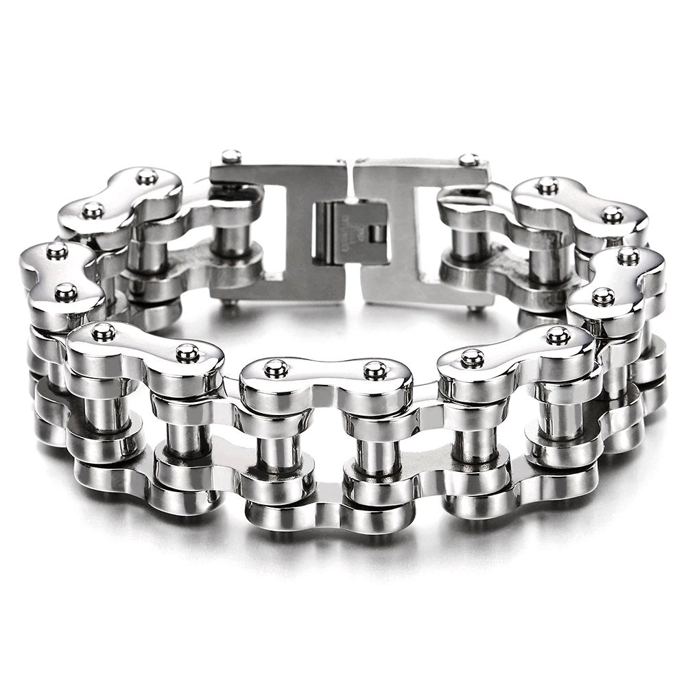 COOLSTEELANDBEYOND Men's Stainless Steel Bike Chain Link Bracelet with Fold Over Clasp, Chunky Motorcycle Chain, Biker Punk Jewelry Gift