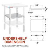 DuraSteel Galvanized Under Shelf for Work Tables - Extra Adjustable Lower Shelf for 24" x 24" Stainless Steel and Wooden Worktables - Fits for use in Restaurant, Warehouse, Home, Kitchen, Garage