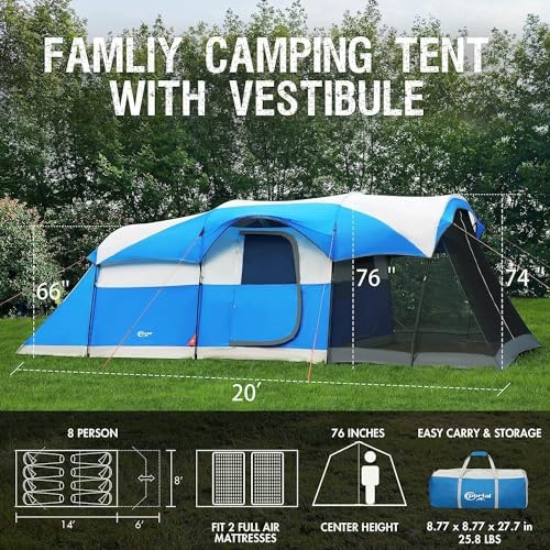 PORTAL 6/8/10 Person Family Camping Tent with Screen Room, Water Resistant Big Tunnel Tent with Rainfly, Large Family Tent for Outdoor Camping, Party