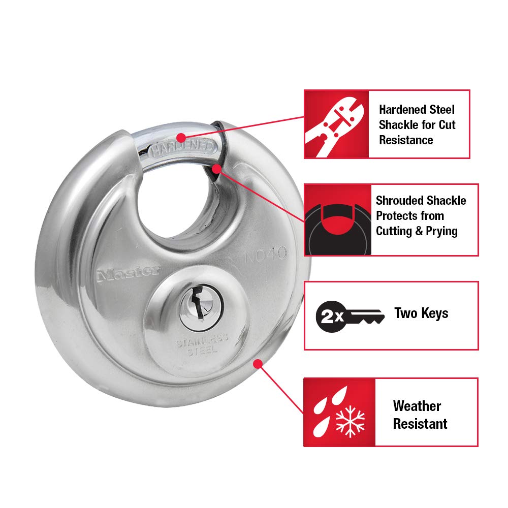 Master Lock Padlock, Stainless Steel Discus Lock, 2-3/4 in. Wide, 40DPF, Silver