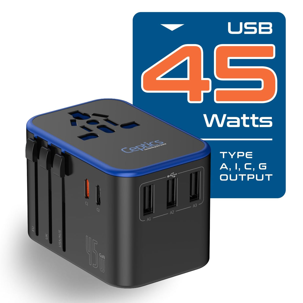 Ceptics Universal Travel Adapter, 45W International Power Adapter with PD & QC 3.0 Dual USB-C, 3 USB Travel Adapter Worldwide, Type I C G A Outlets 110V 220V A/C - EU Euro US UK (11-KU)