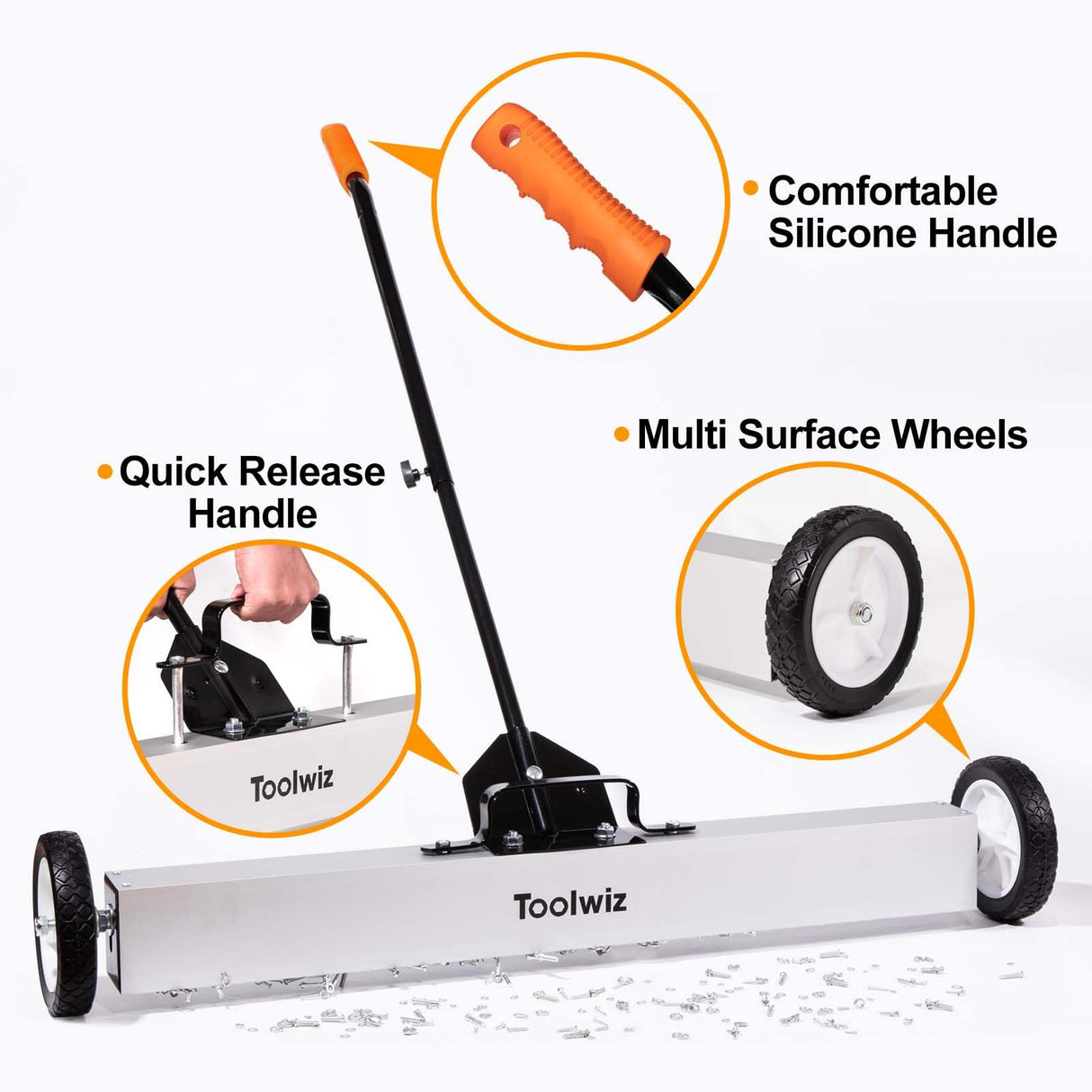 Toolwiz 36'' Magnetic Sweeper with Wheels, 50 Lbs Capacity Rolling Magnetic Floor Sweeper with Telescoping Holder and Quick Release Latch Industrial Heavy Duty Metal Pick Up 36 Inches