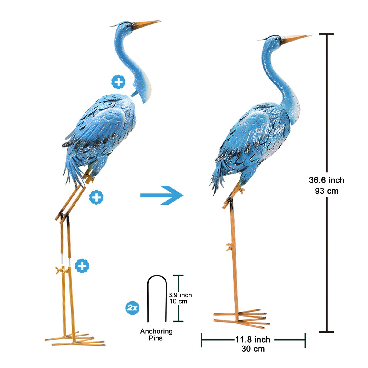 Nacome Large Standing Blue Metal Crane Garden Statue: Indoor Outdoor Heron Animal Sculpture for Patio Backyard Porch Yard Bird Art Lawn Decor - 36.6inch Gifts for Grandma Mom