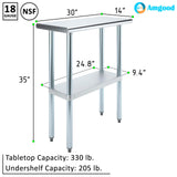 AmGood 14 in. x 30 in. Stainless Steel Work Table | Metal Kitchen Food Prep Table | NSF