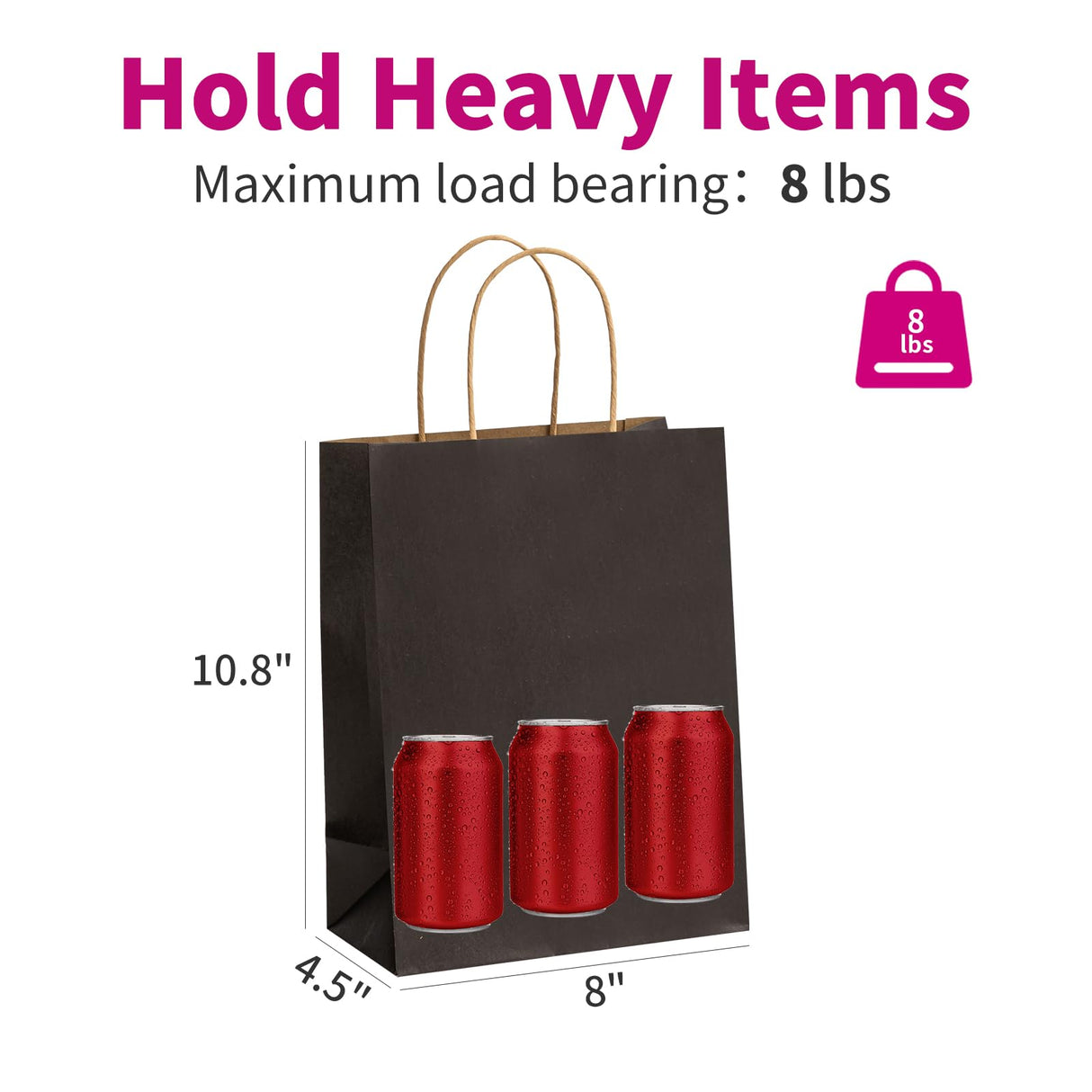 100 Pack Black Kraft Paper Bags 8x4.5x10.8 Inches Gift Bags with Handles Bulk, Paper Shopping Bags for Party, Wedding, Retail, Christmas, Birthday, Business, Restaurant, Takeout