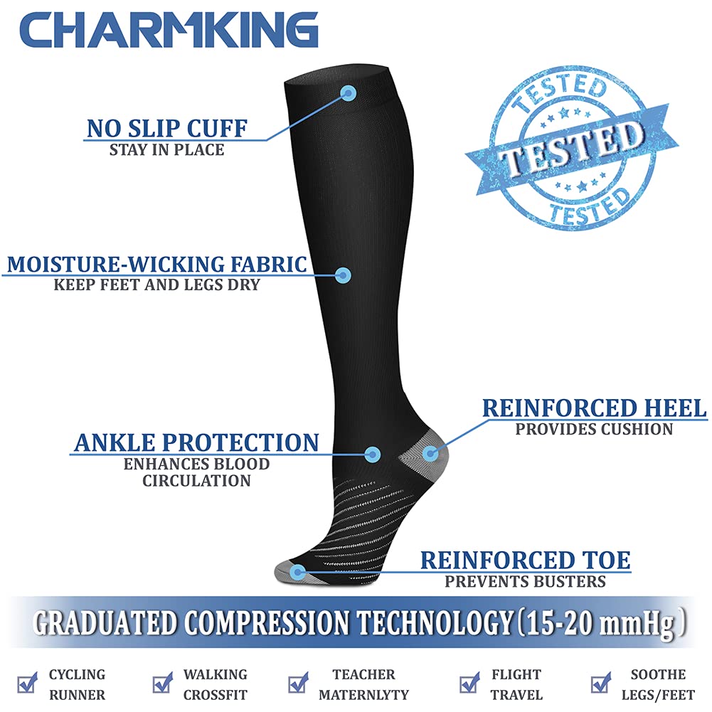 CHARMKING Compression Socks for Women & Men (8 Pairs) 15-20 mmHg Graduated Copper Support Socks are Best for Pregnant, Nurses - Boost Performance, Circulation, Knee High & Wide Calf (S/M, Multi 39)