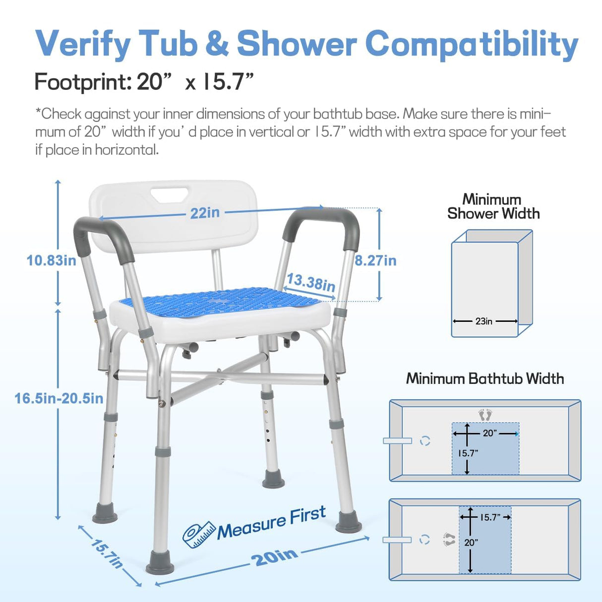 TABEKE Shower Chair for Inside Shower, FSA/HSA Eligible 500lb Compact Shower Chair with Backrest & Padded Armrest, Height Adjustable Shower Bench W.Suction Cups, Shower Seat for Elderly and Disabled