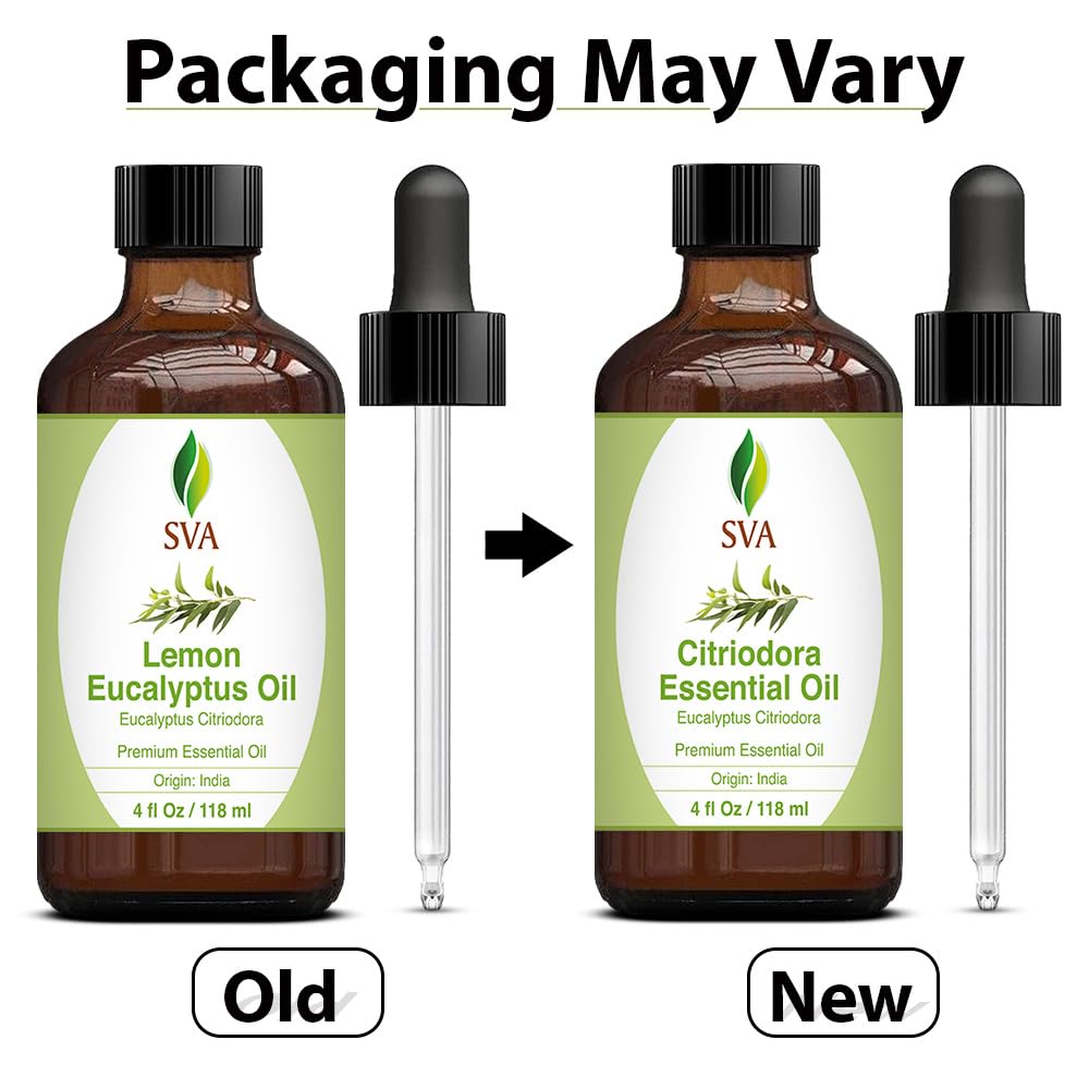 SVA Lemon Eucalyptus Essential Oil – 4 Fl Oz – 100% Natural Citriodora Oil - for Diffuser, Hair Care, Face, Skin Care, Aromatherapy, Scalp and Body Massage, Soap and Candle Making – with Dropper