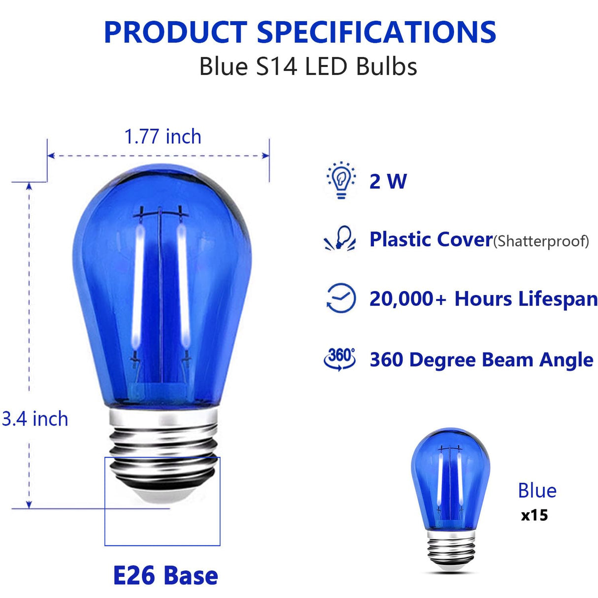 GUILEDUO 15 Pack S14 LED String Light Bulbs, Shatterproof 2 Watt Blue Replacement Bulbs for Outdoor String Light, Waterproof Decorative E26 Base Blue Filament Edison Christmas Light Bulbs, 120V