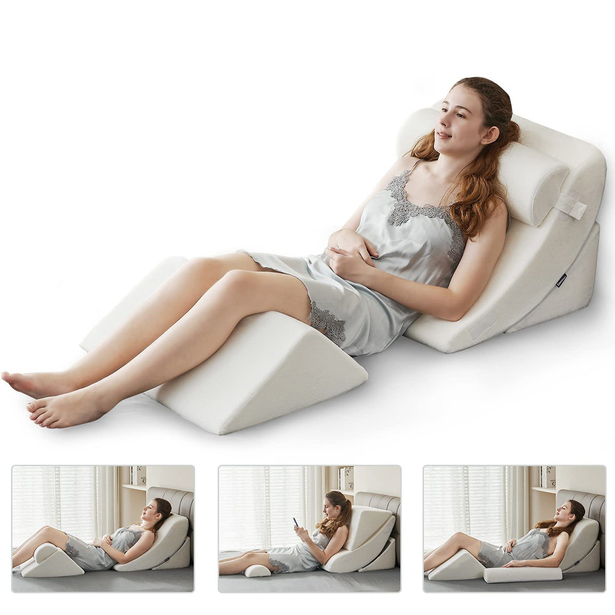 Ganaver 4pcs Orthopedic Bed Wedge Pillow Set Post Surgery Relaxing Back Adjustable Head Support Cushion Triangle Memory Foam Pillow for Acid Reflux Sleeping Reading Leg Elevation Snoring White