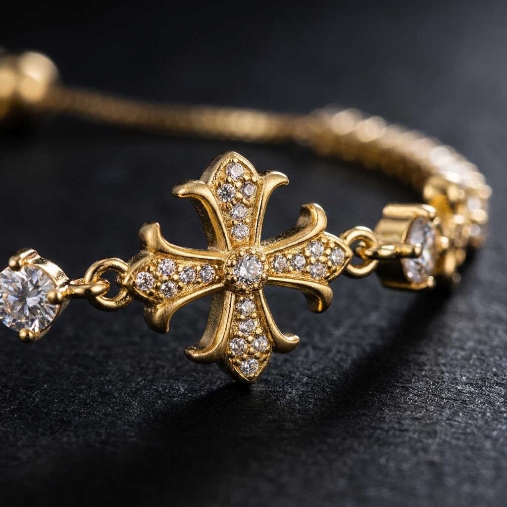 14K Gold Bracelet for Women | Cross Charm, Adjustable Slider-2Pcs