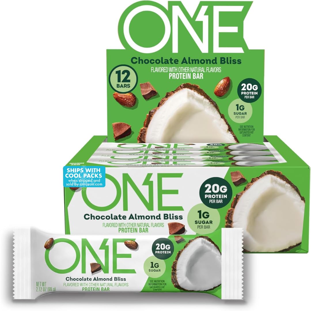 ONE Protein Bars, Chocolate Almond Bliss, Gluten Free with 20g Protein and 1g Sugar, Pantry Staples, 2.12 oz (12 Pack), Packaging May Vary