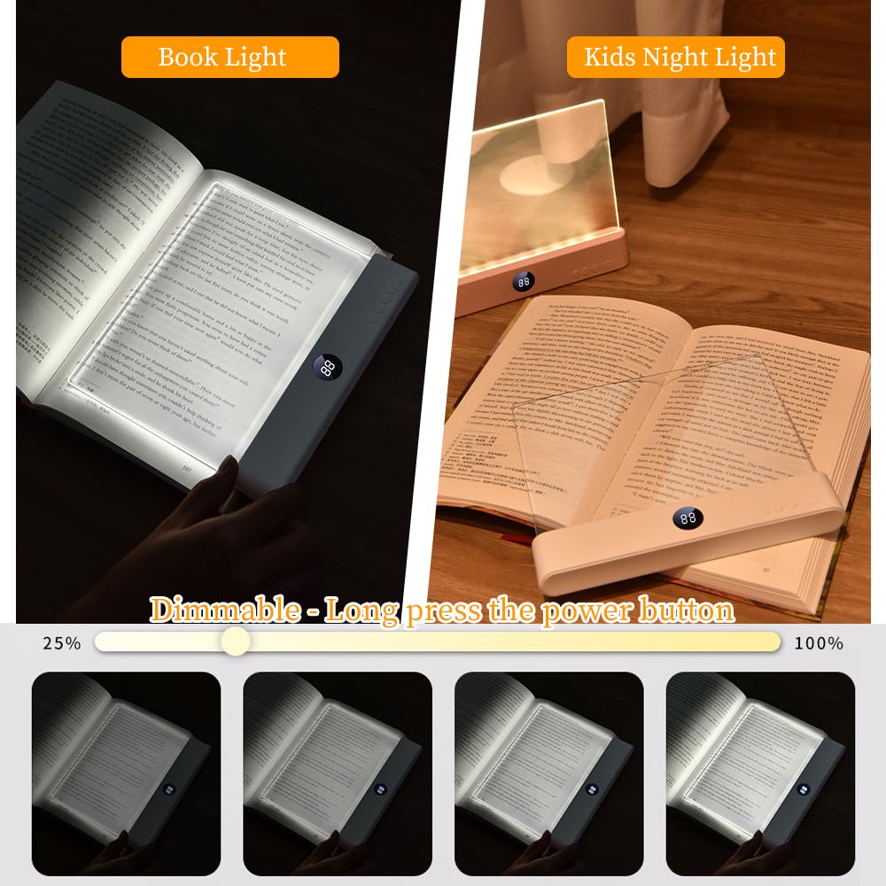 Book Light, Rechargeable Clear LED Flat Book Lights for Reading in Bed at Night with 3 Colors & Timer, Dimmable Panel Plate Book Lamp Full Page Light, Bookish Gifts for Women Readers Kids Book Lovers