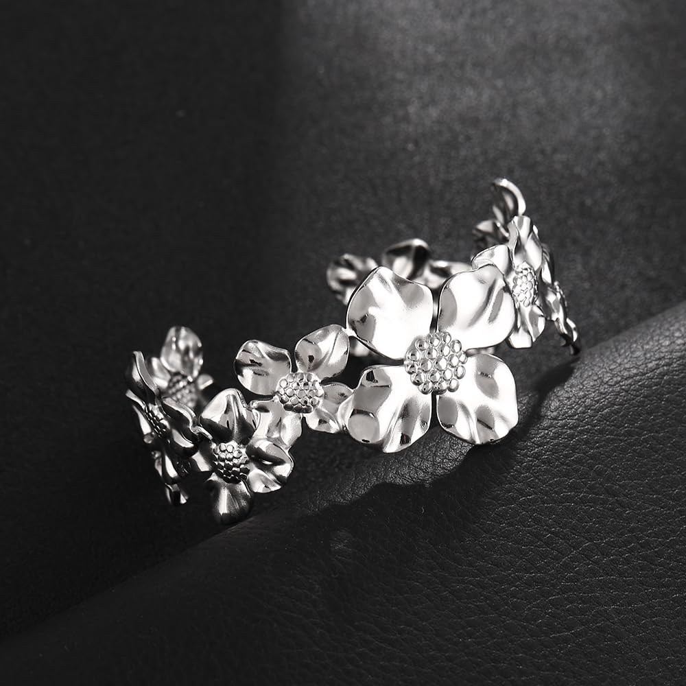YWMAN Silver Flower Cuff Bracelet, Metallic Floral Chunky Bracelet for Women (Flower 1)