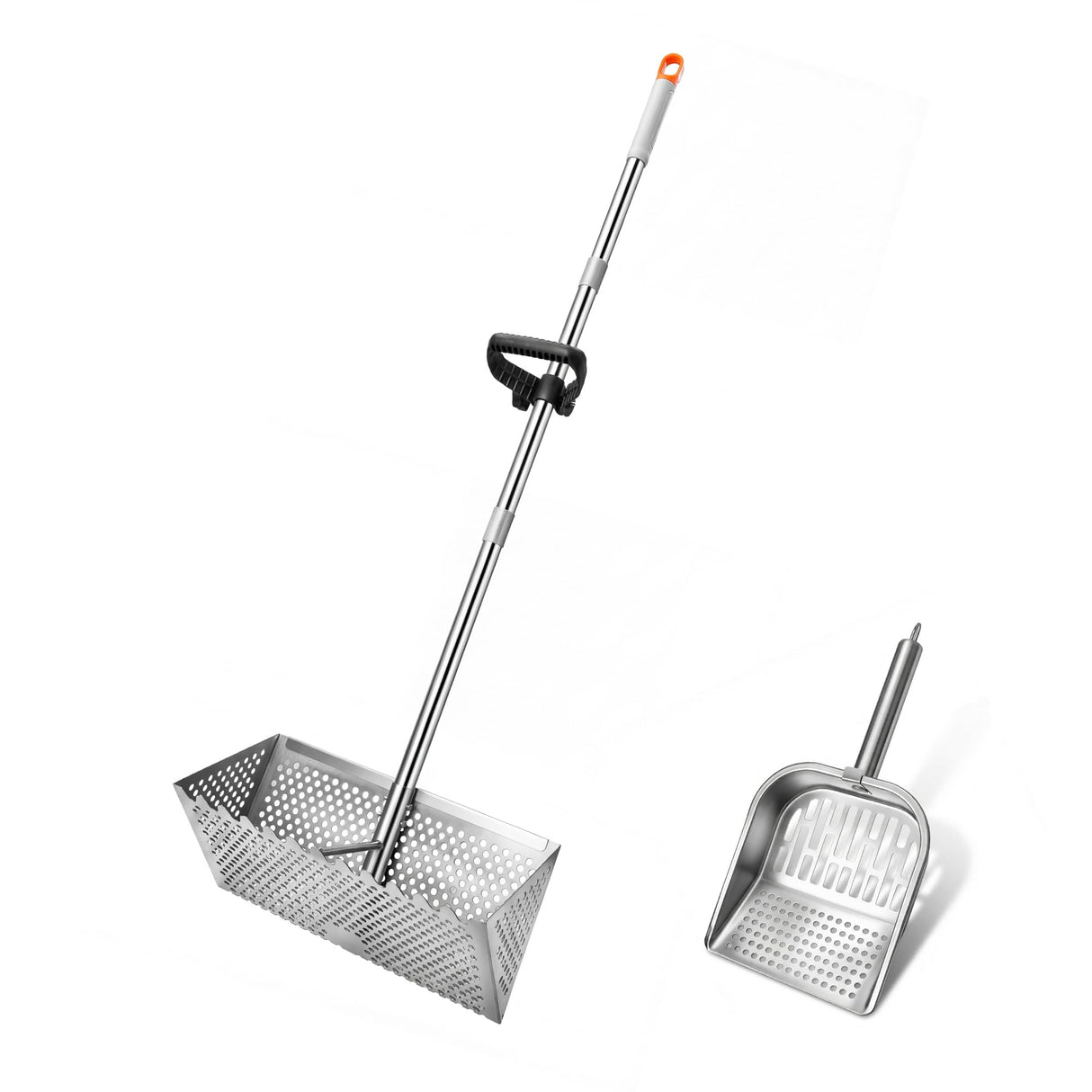 Sand Flea Rake with Beach Mesh Shovel, Detachable Long Handle Sand Sifter for Beach, The Shark Tooth Screen Comes with 16in Width Drain Screen with 52in Handle