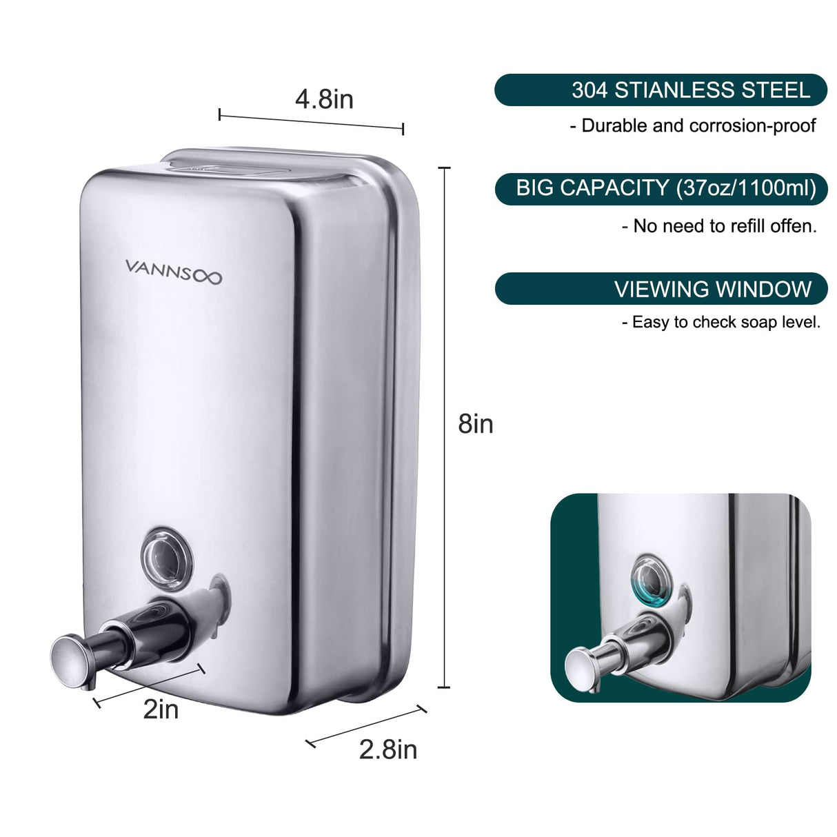 VANNSOO Commercial Soap Dispenser Wall Mount Stainless Steel Manual Liquid Pump Rust-Proof Leak Free for Bathroom (37 fl.oz./1100ml)