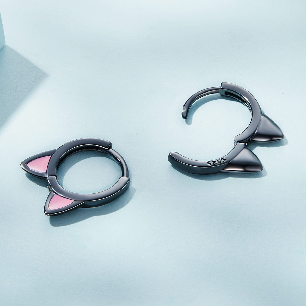 Black Cat Small Hoop Earrings Sterling Silver 925 Cute Animal Pet Pink Ears Cartilage Tragus Earrings Tiny Round Huggie Hoops Statement Earrings Fashion Jewelry for Women Girls