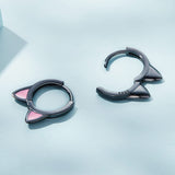 Black Cat Small Hoop Earrings Sterling Silver 925 Cute Animal Pet Pink Ears Cartilage Tragus Earrings Tiny Round Huggie Hoops Statement Earrings Fashion Jewelry for Women Girls