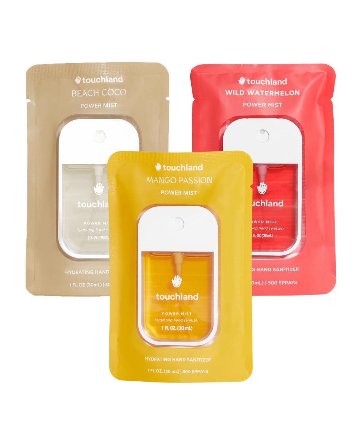Touchland Power Mist Hydrating Hand Sanitizer Spray, TROPICAL Trio Set (Mango Passion, Beach Coco, Watermelon), 1 FL. OZ. Travel Size (Set of 3)