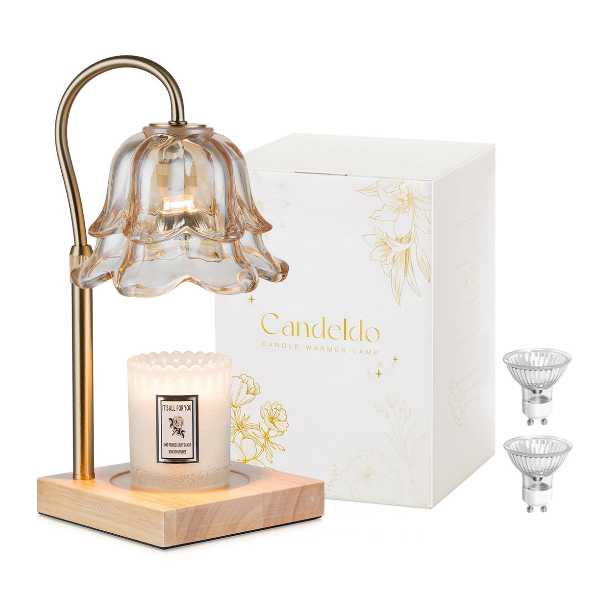Candeldo Candle Warmer Lamp with Timer: Flower Gold Candle Lamps Height Adjustable Wax Melt Home Decor House Warming Christmas Gift Mom Gift for Women