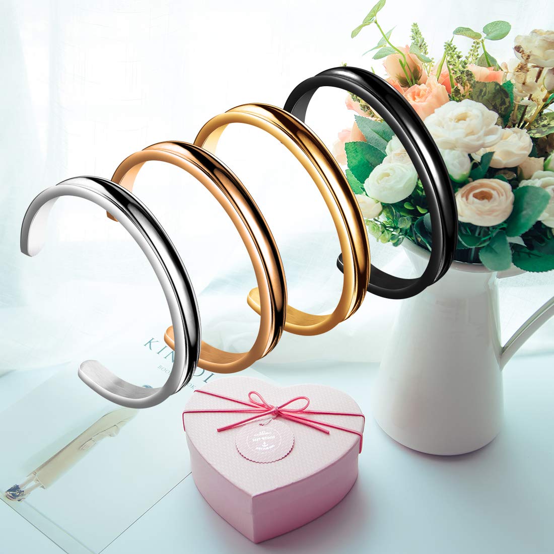 Zuo Bao Hair Tie Bracelet Stainless Steel Grooved Cuff Bangles for Women (4 Colors/Set)