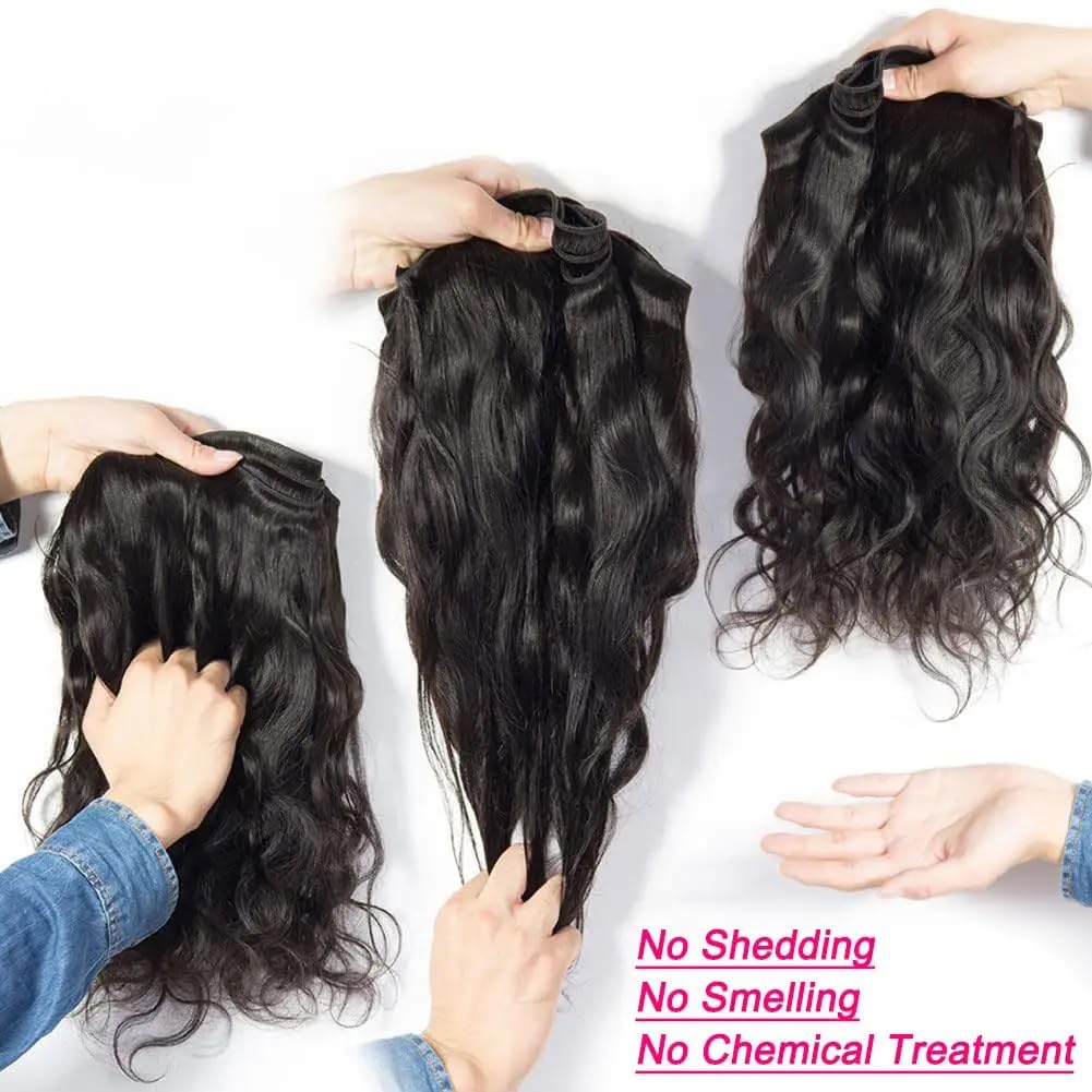 Body Wave Bundles with Closure Human Hair 16 18 20+14 Inch Human Hair Bundles with Closure 100% Brazilian Virgin Body Wave 3 Bundles Human Hair with 4x4 Lace Closure Natural Black