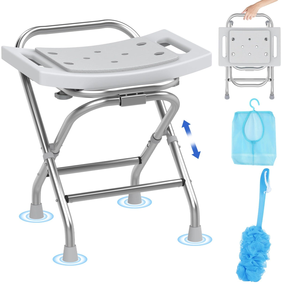 Folding Shower Seat - Stainless Steel Shower Chair for Inside Shower - 420lbs Height Adjustable Foldable Shower Stool - Portable Travel Collapsible Bath Bench for Elderly, Handicap & Disabled (Gray)