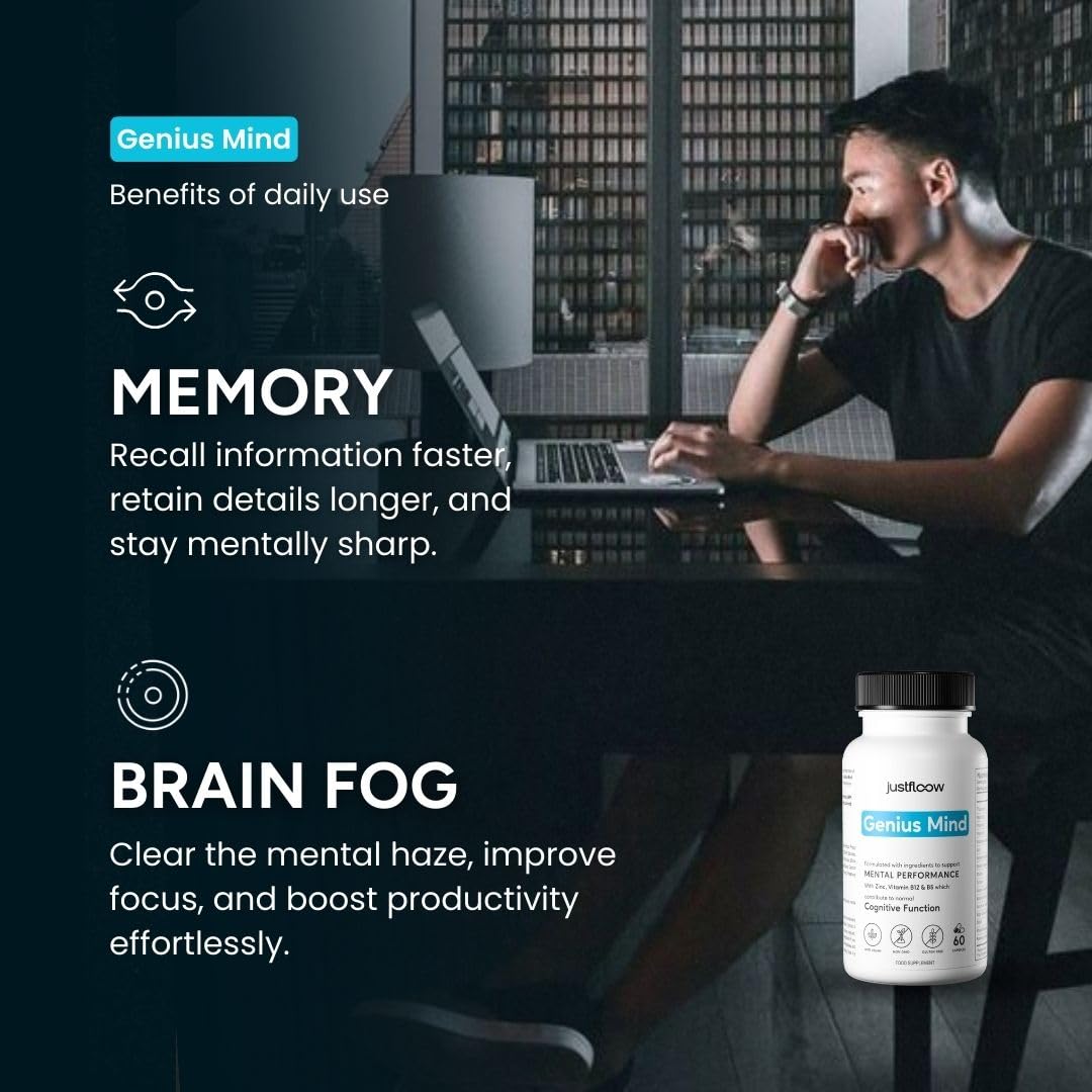 JustFloow Genius Mind® Nootropic Brain Supplement, Support Cognitive Function, Energy Levels, Focus & Memory Function - 17 Brain Boosting Ingredients Including Lions Mane, Bacopa, Ginkgo & Vitamin B12