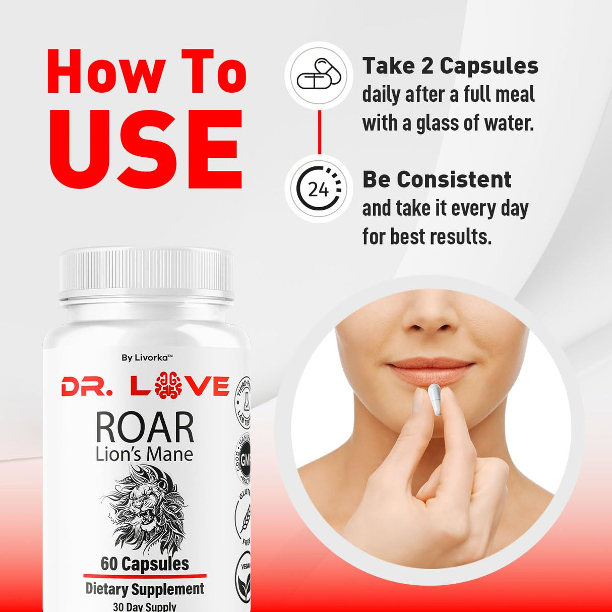 (2 Pack) Dr. Love Roar Lions Mane Supplement Capsules, Dr. Love Roar Lion’s Mane Plus Brain and Focus Premium Advanced Formula, Doctor Love All Natural Support Pills, 120 Capsules for 2 Months