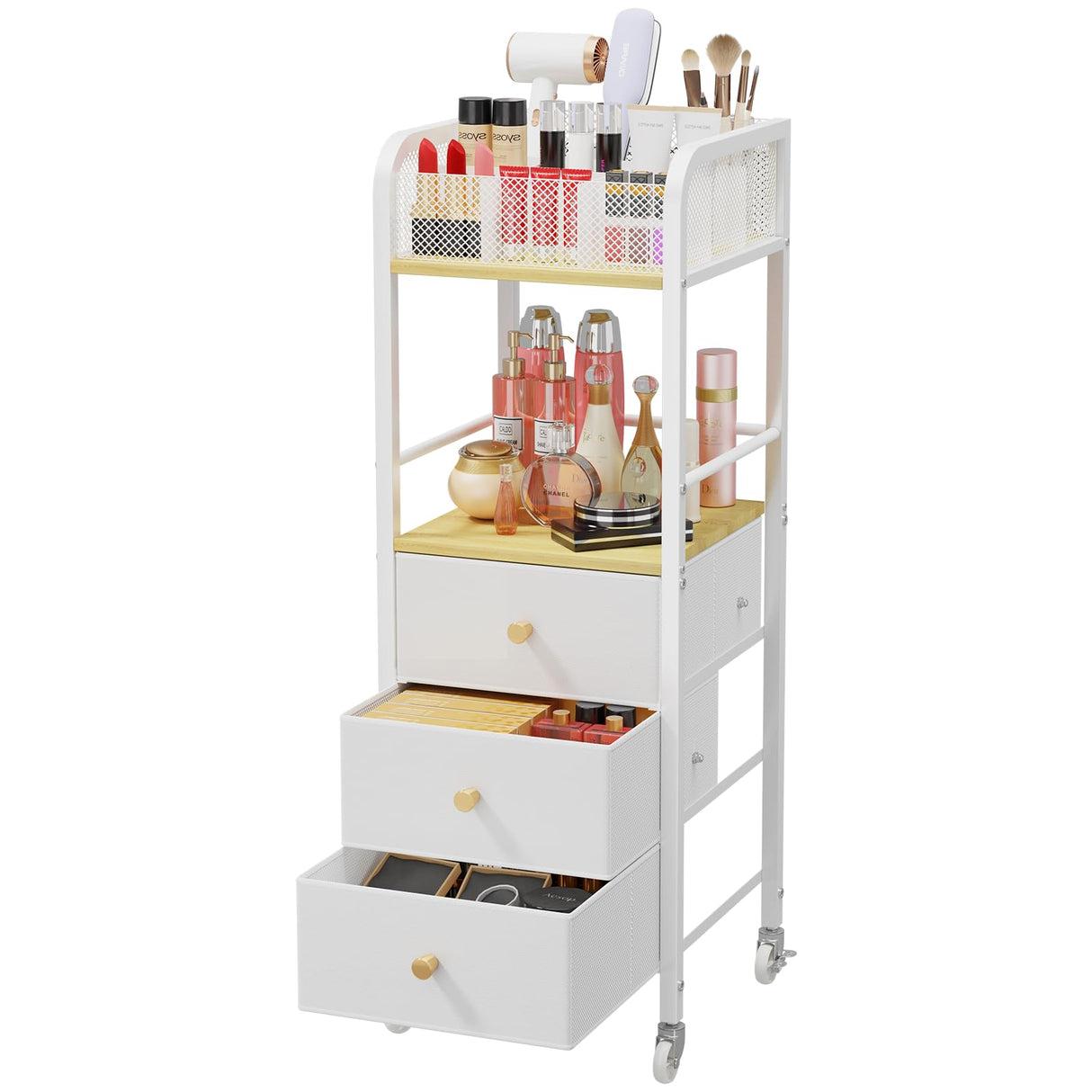 HapiRm Rolling Makeup Cart Organizer - Floor Skincare Make Up Storage with 3 Drawers, Vanity Organizer Cosmetic Display Cases Holder for Skin Care Perfume Nail Polish Brush Hair Tool