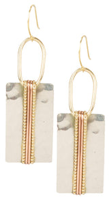 SPUNKYsoul Mixed Metal Rectangle Bar Earrings – Geometric Hammered Silver Gold Copper Dangle Earrings, Wire-Wrapped Modern Boho Drop Design, Lightweight Mid-Weight Statement Jewelry for Women (Rectangle Silver With Gold Accent)