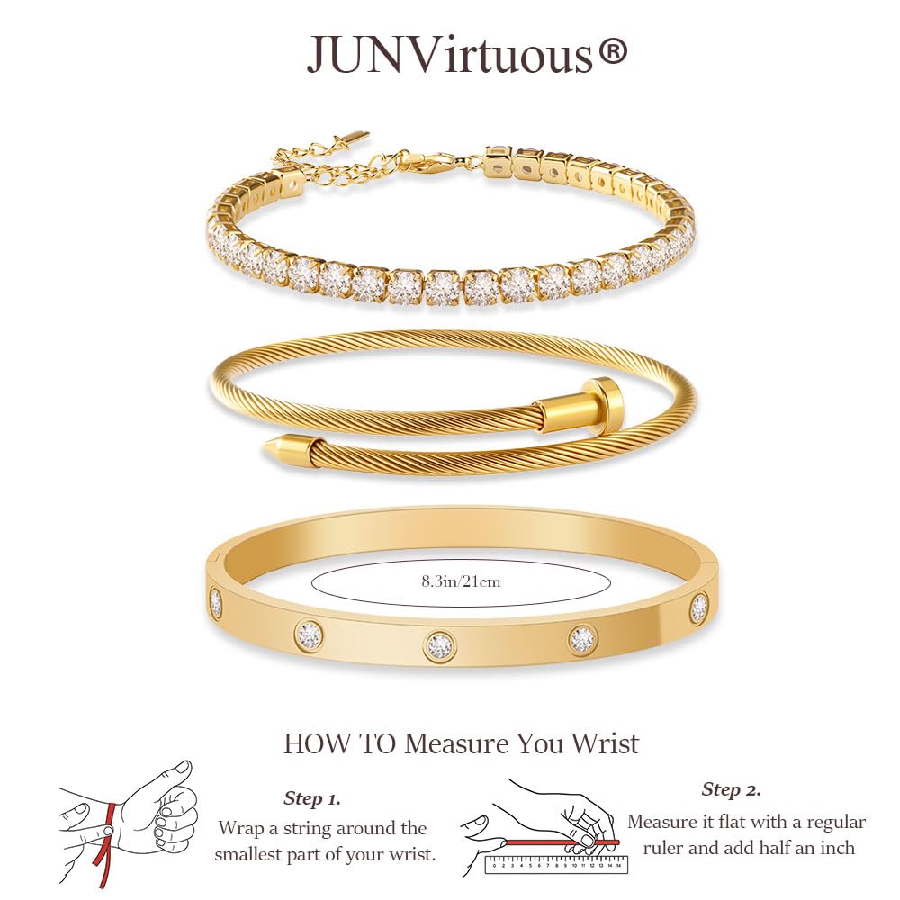 JUNVirtuous 3-Pack Gold Bracelets for Women,18K Gold Plated Bangle Tennis Bracelets Stack Set for Women Trendy Non Tarnish Stainless Steel Gold Bangles Accessories Designer Jewelry Pulseras Para Mujer